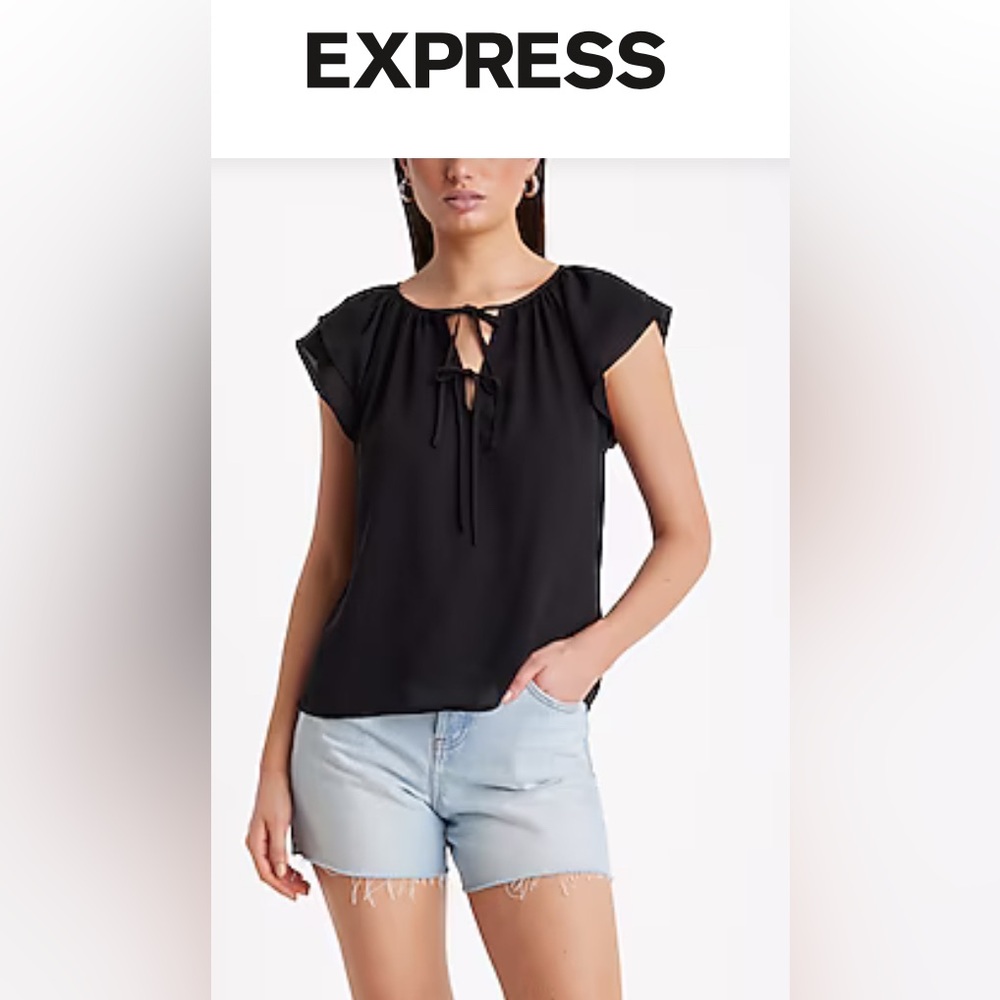 NWT Express Black Flutter Sleeve Blouse with 2 row Tie Front, L, msrp $48